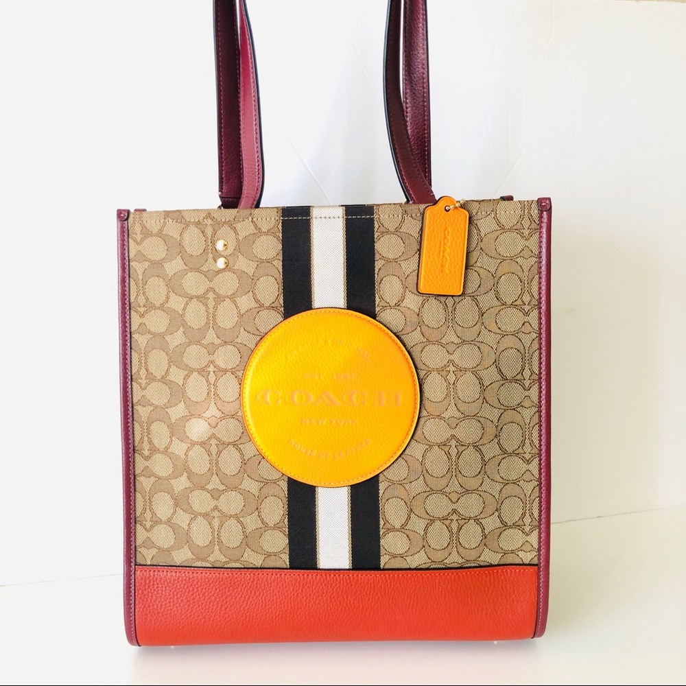 Coach Dempsey Tote Signature Jacquard Orange Leather Purse
